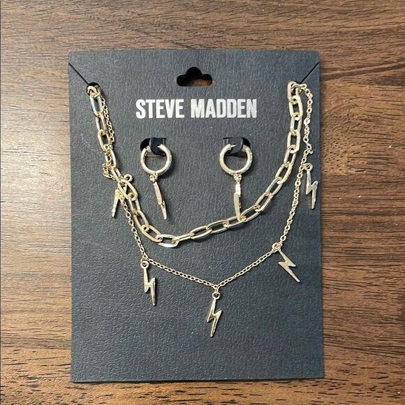 NEW Steve Madden Gold Lightning Bolt Earrings and Double Necklace Bundle - Picture 1 of 3